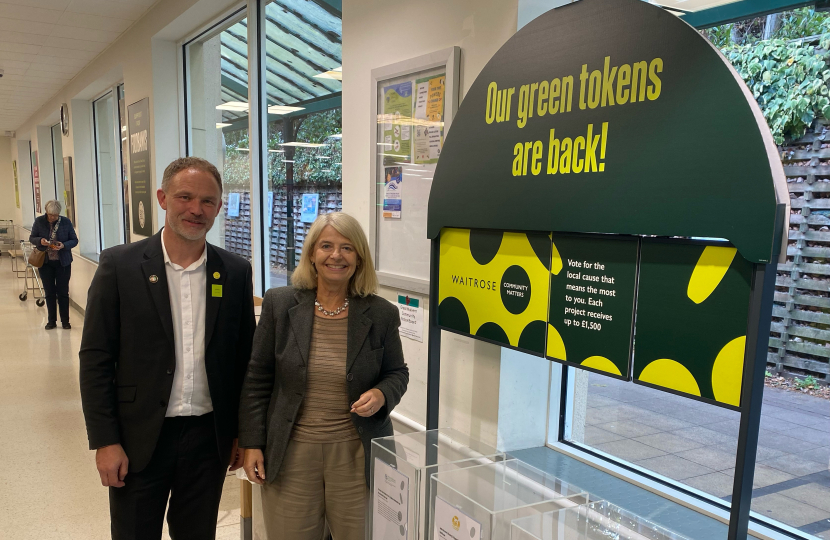 Waitrose’s Malvern store manager James Alldridge with Dame Harriett Baldwin MP