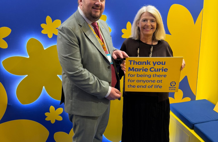 Dame Harriett Baldwin MP (right) with Toby North, Head of Public Affairs at Marie Curie