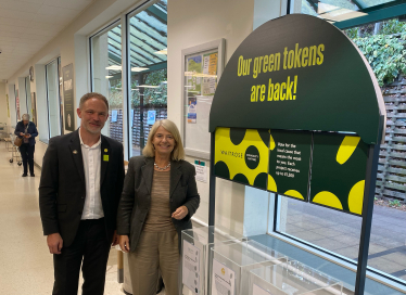 Waitrose’s Malvern store manager James Alldridge with Dame Harriett Baldwin MP