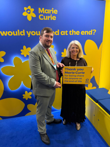 Dame Harriett Baldwin MP (right) with Toby North, Head of Public Affairs at Marie Curie